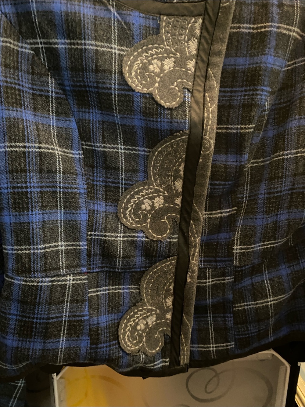 Checker Blue, Black and White design with Gray embroidered designs Jacket.